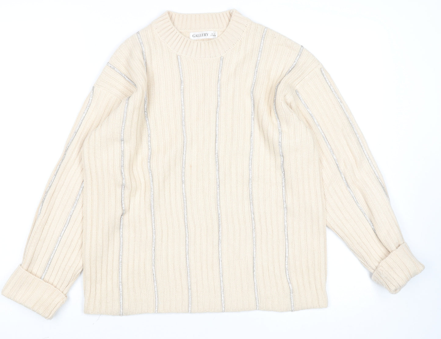Gallery Womens Ivory Ribbed Knit Crew Neck Jumper Size S