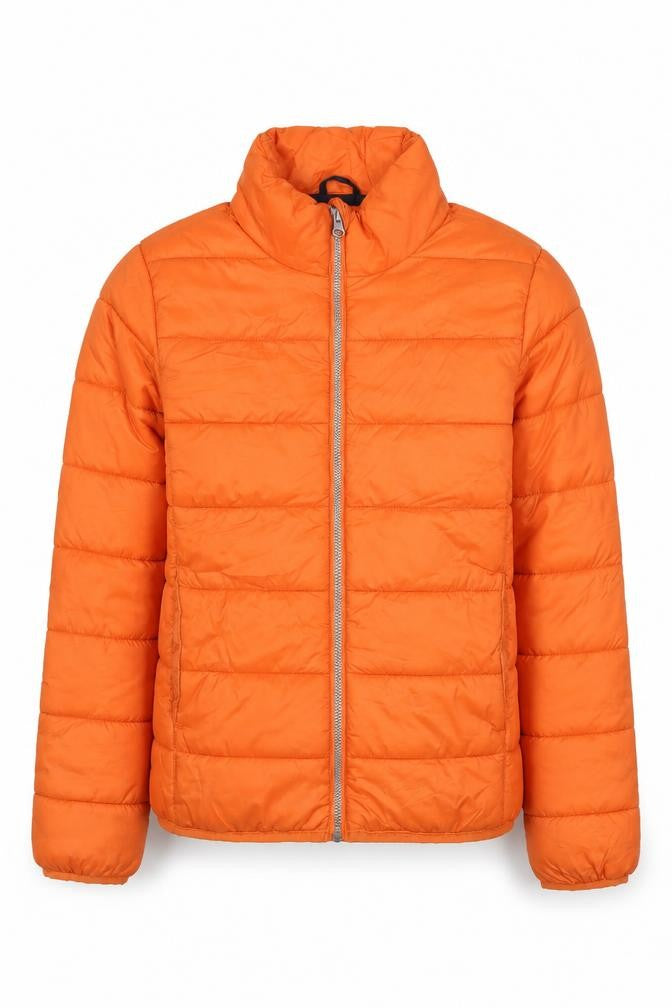Front view of Pepperts boys’ orange puffer jacket 11 years lightweight winter coat