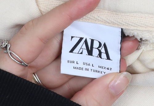 ZARA Men's Beige Pullover Hoodie Fleece Lined Hooded Sweatshirt Size L