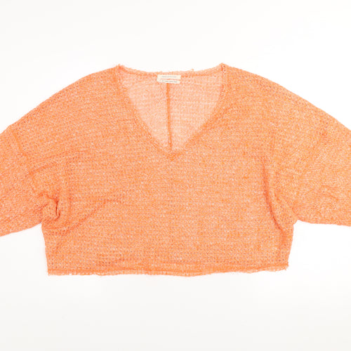Urban Outfitters Women Orange Open-Knit V-Neck Pullover Jumper L