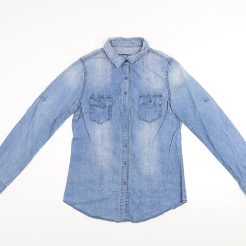 Fittiway Women's Blue Denim Long Sleeve Button-Up Shirt Size 12