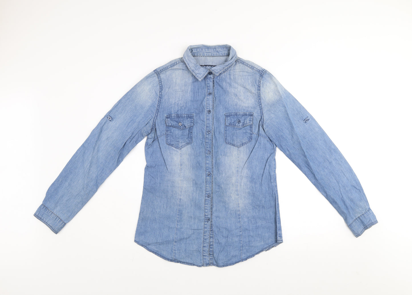 Fittiway Women's Blue Denim Long Sleeve Button-Up Shirt Size 12