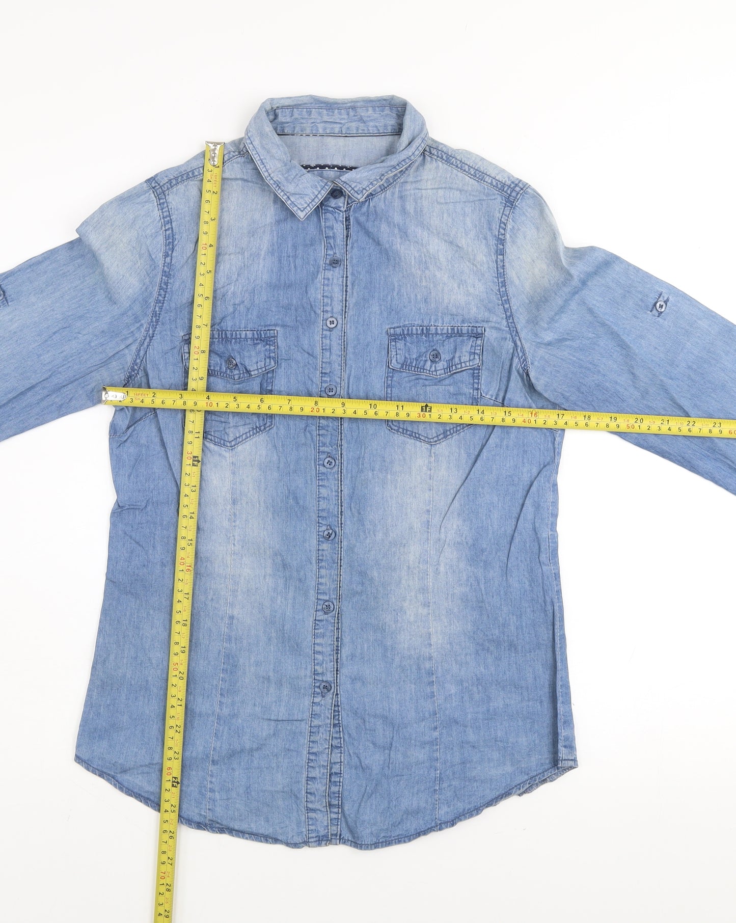 Fittiway Women's Blue Denim Long Sleeve Button-Up Shirt Size 12