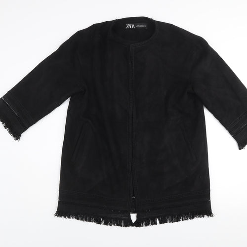 Zara Women Black XS Suede Effect Mid-Length Fringe Open Coat