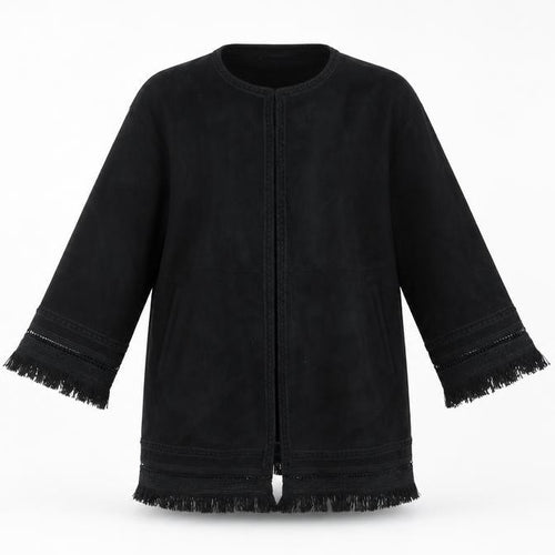 Zara Women Black XS Suede Effect Mid-Length Fringe Open Coat