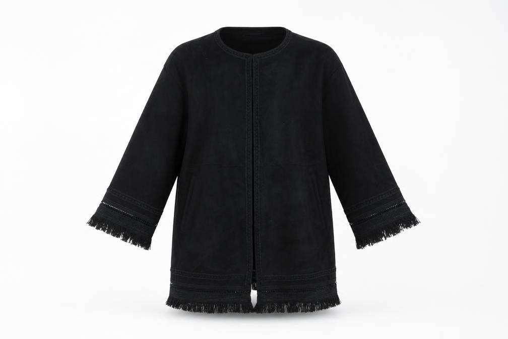 Zara Women Black XS Suede Effect Mid-Length Fringe Open Coat