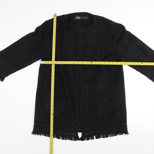 Zara Women Black XS Suede Effect Mid-Length Fringe Open Coat