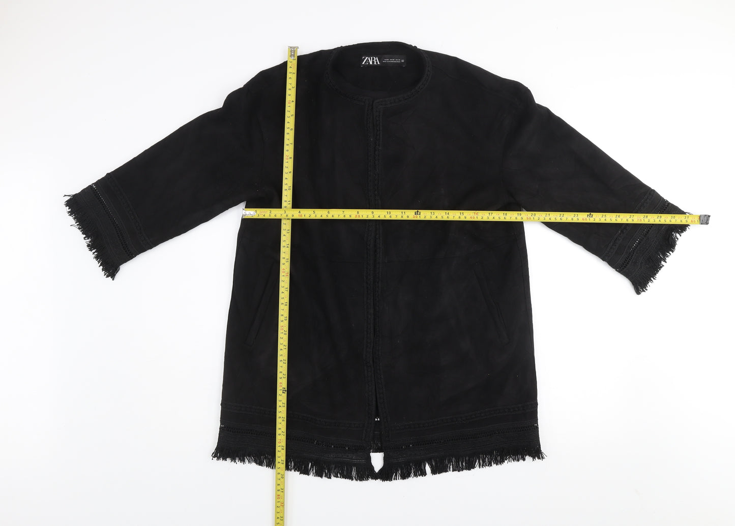 Zara Women Black XS Suede Effect Mid-Length Fringe Open Coat