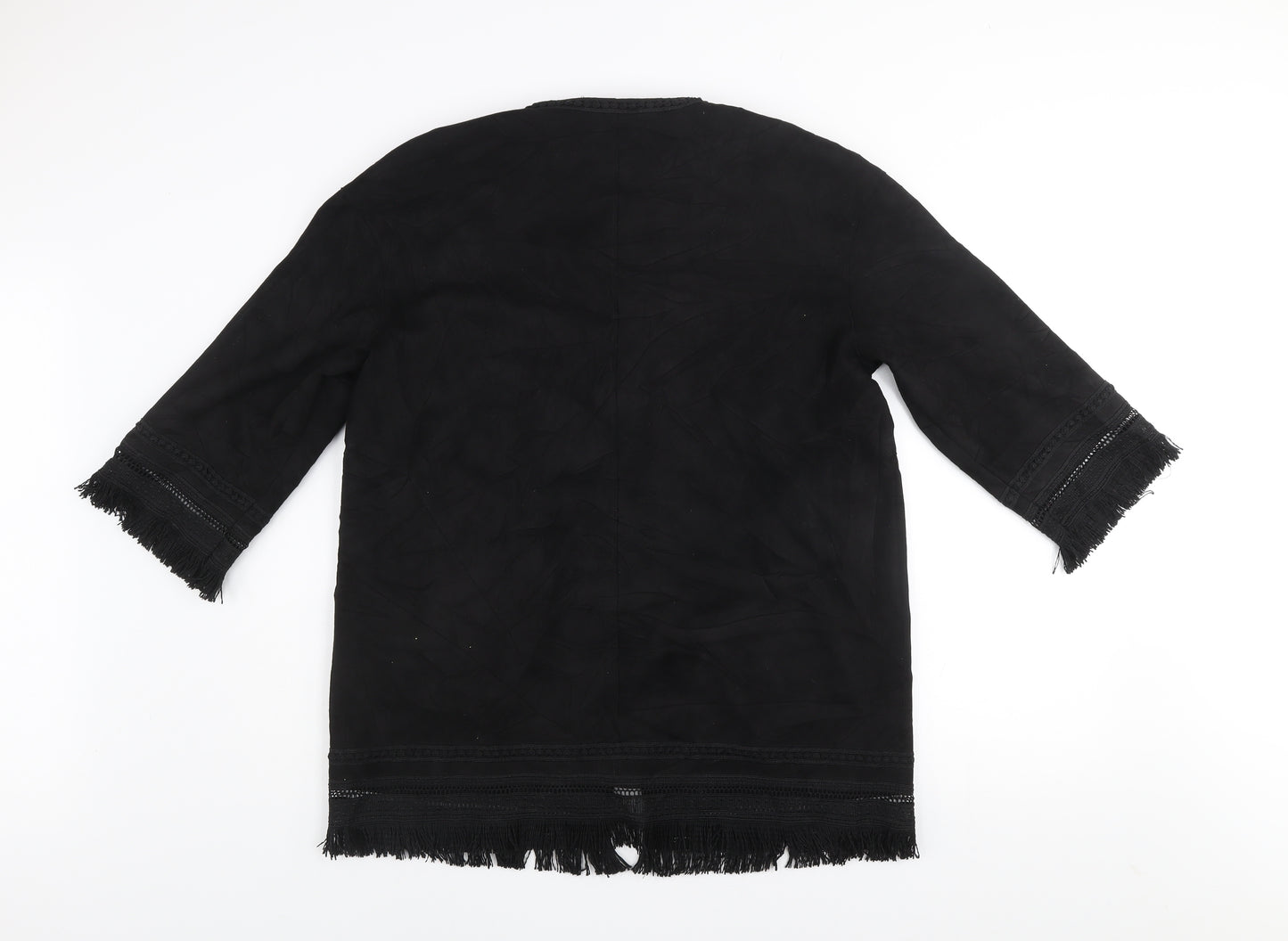 Zara Women Black XS Suede Effect Mid-Length Fringe Open Coat