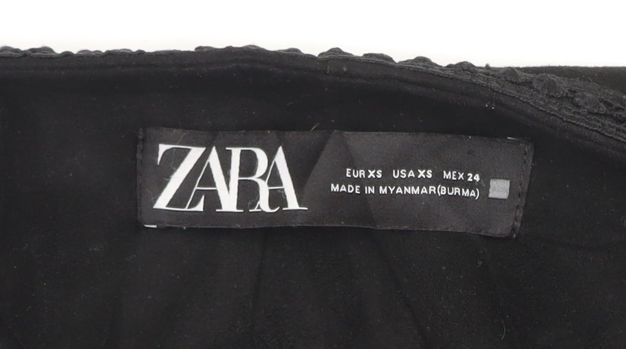Zara Women Black XS Suede Effect Mid-Length Fringe Open Coat