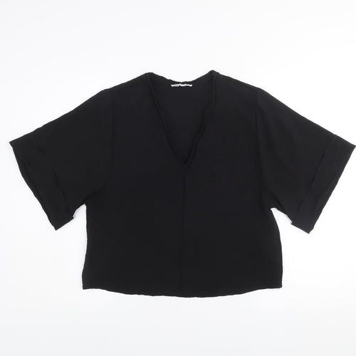Zara Women Black Cropped V-Neck Short Sleeve Blouse Size S