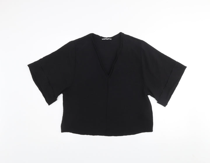 Zara Women Black Cropped V-Neck Short Sleeve Blouse Size S