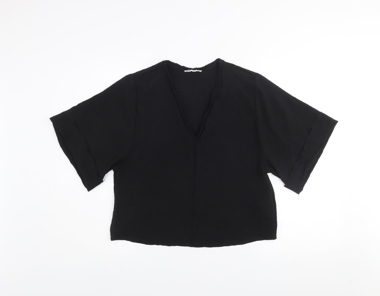 Zara Women Black Cropped V-Neck Short Sleeve Blouse Size S