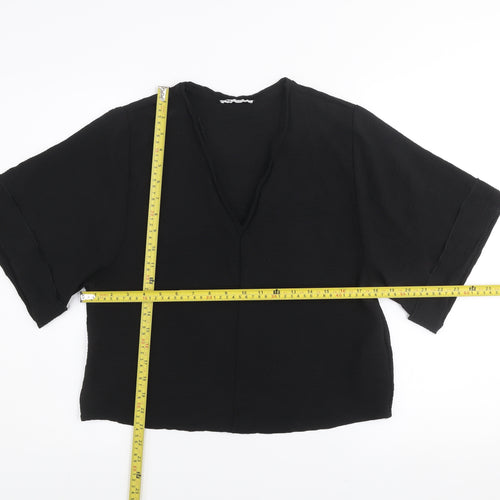 Zara Women Black Cropped V-Neck Short Sleeve Blouse Size S