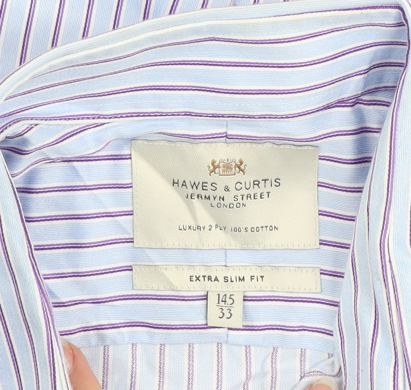 Hawes & Curtis Men's Blue Striped Extra Slim Fit Formal Shirt 14.5 Inch