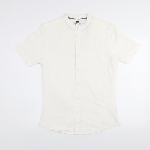 Topman Men's White Slim Fit Short Sleeve Band Collar Shirt Size M