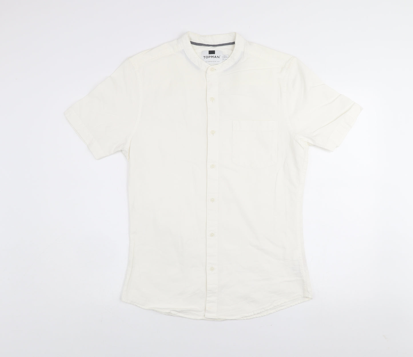 Topman Men's White Slim Fit Short Sleeve Band Collar Shirt Size M