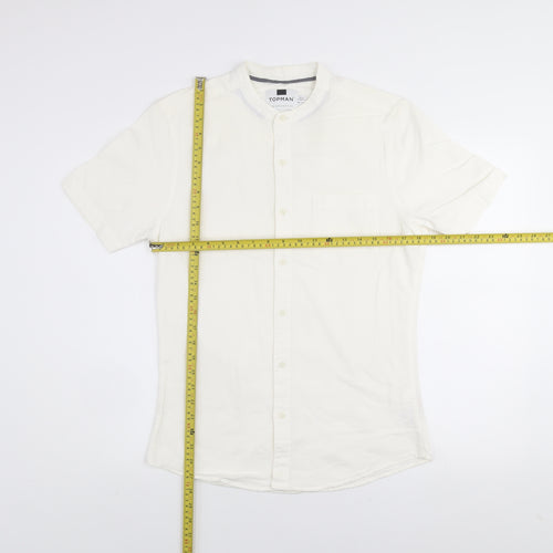 Topman Men's White Slim Fit Short Sleeve Band Collar Shirt Size M