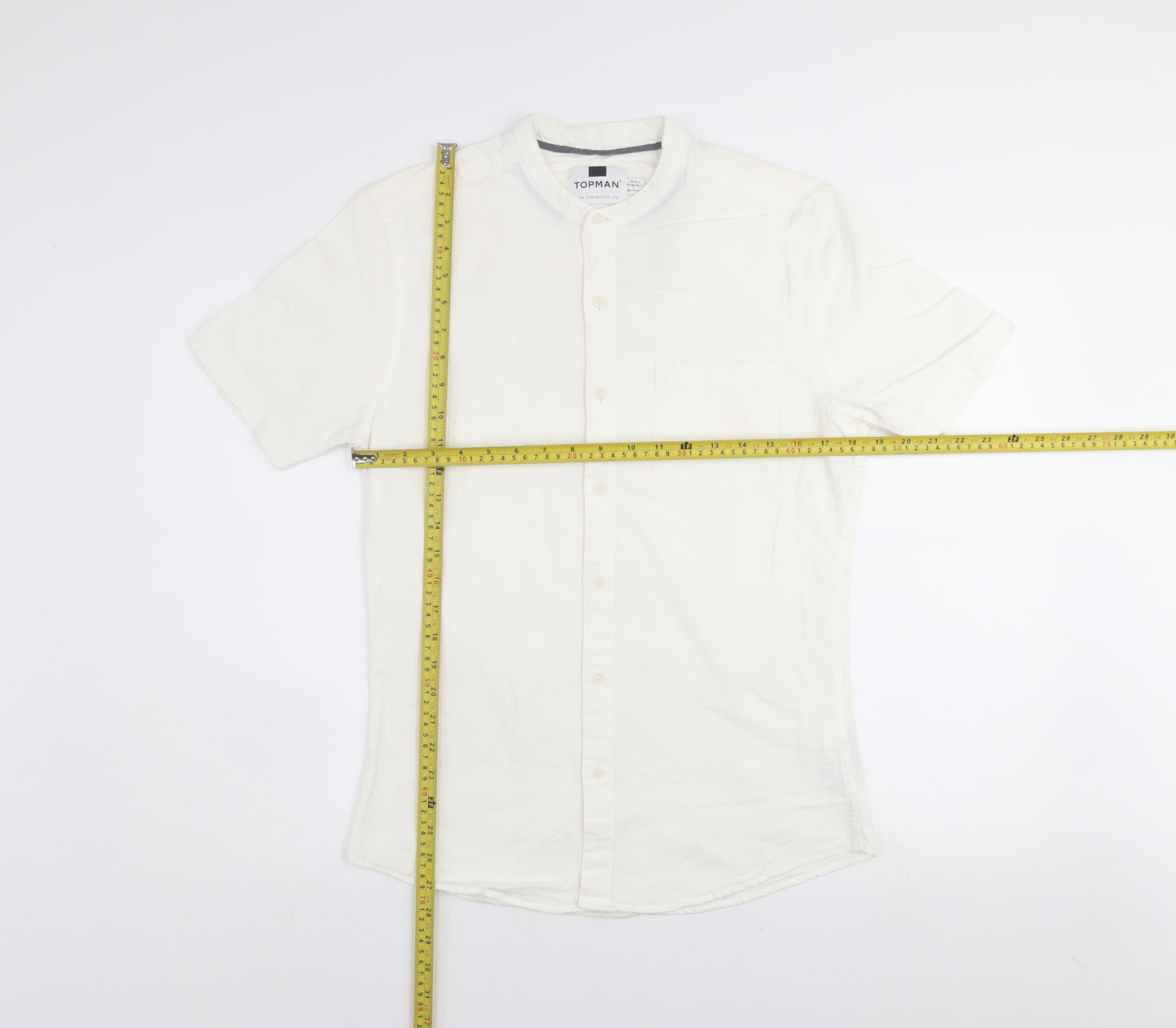 Topman Men's White Slim Fit Short Sleeve Band Collar Shirt Size M