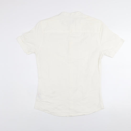 Topman Men's White Slim Fit Short Sleeve Band Collar Shirt Size M