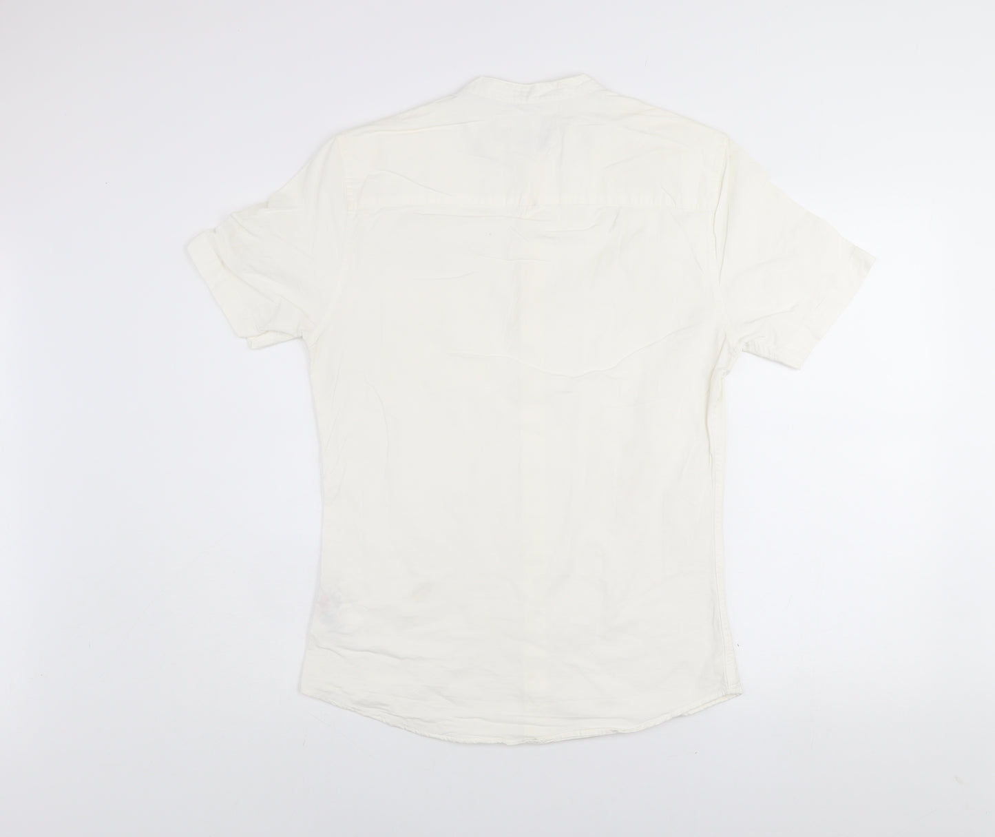 Topman Men's White Slim Fit Short Sleeve Band Collar Shirt Size M