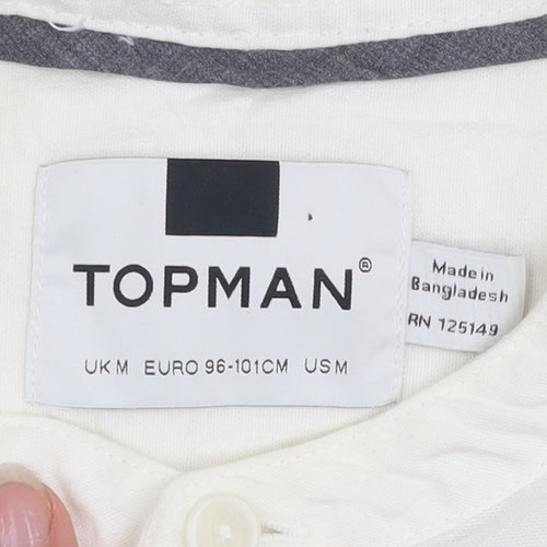 Topman Men's White Slim Fit Short Sleeve Band Collar Shirt Size M