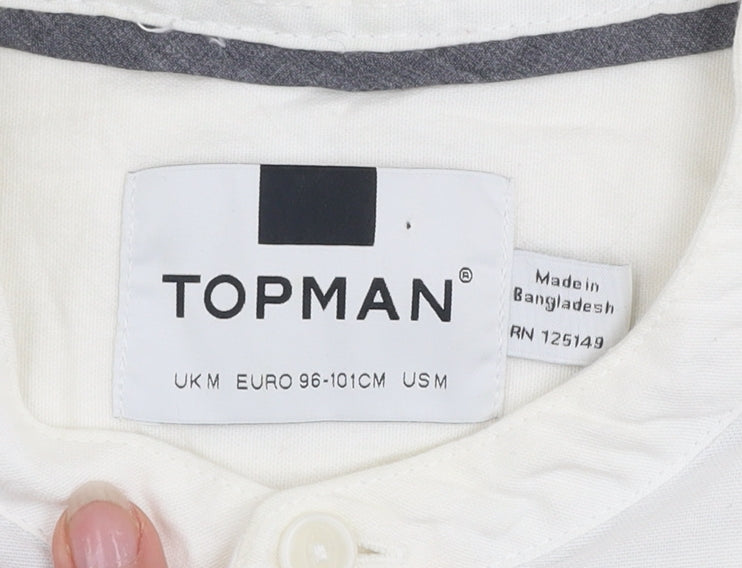 Topman Men's White Slim Fit Short Sleeve Band Collar Shirt Size M