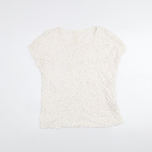 Zara Women Ivory Ruffle Textured Short Sleeve Cotton T-Shirt L