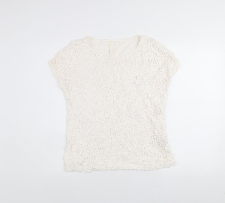 Zara Women Ivory Ruffle Textured Short Sleeve Cotton T-Shirt L