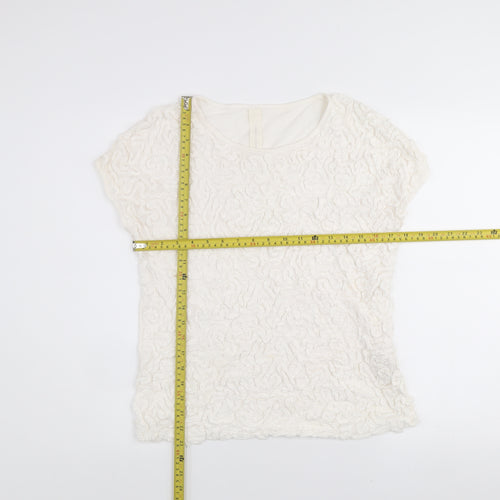 Zara Women Ivory Ruffle Textured Short Sleeve Cotton T-Shirt L