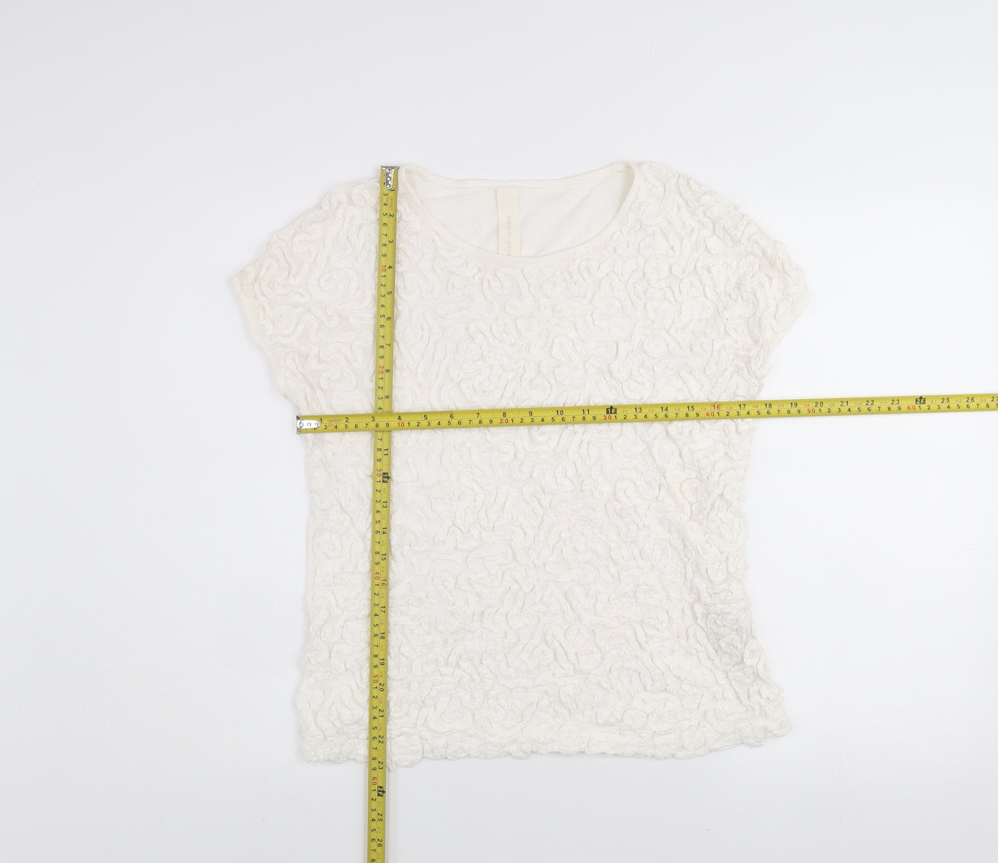 Zara Women Ivory Ruffle Textured Short Sleeve Cotton T-Shirt L
