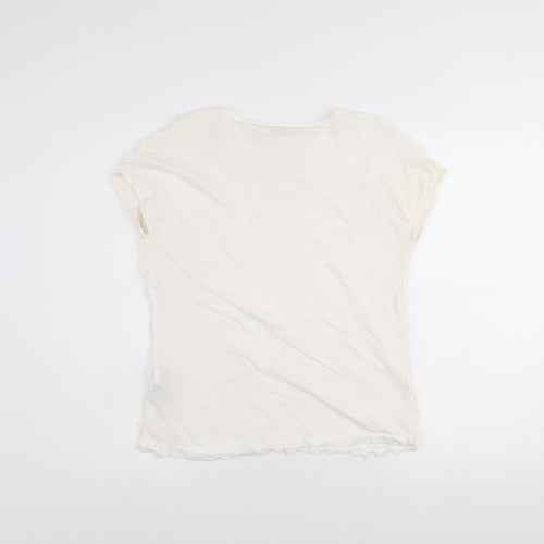 Zara Women Ivory Ruffle Textured Short Sleeve Cotton T-Shirt L