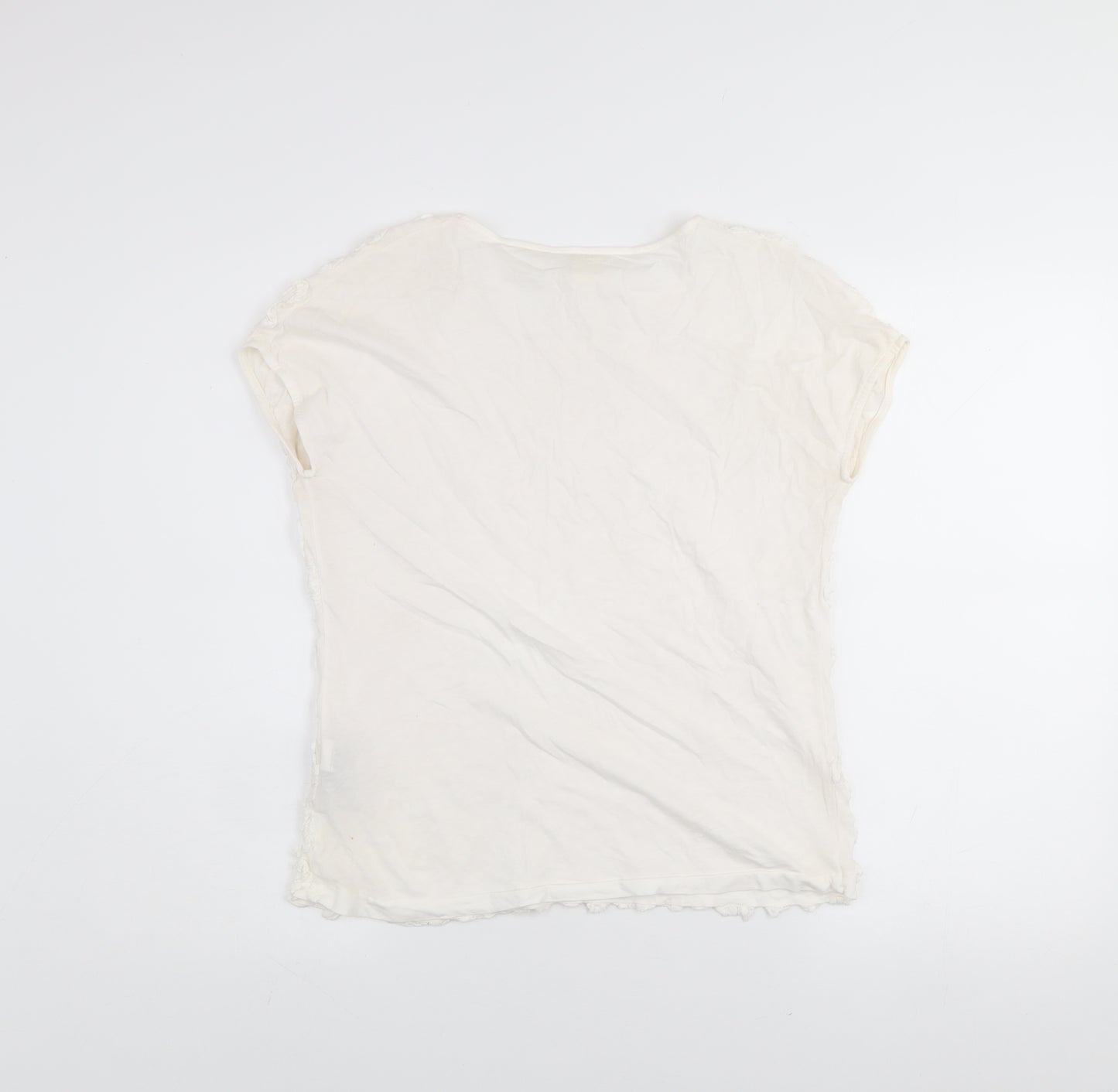 Zara Women Ivory Ruffle Textured Short Sleeve Cotton T-Shirt L