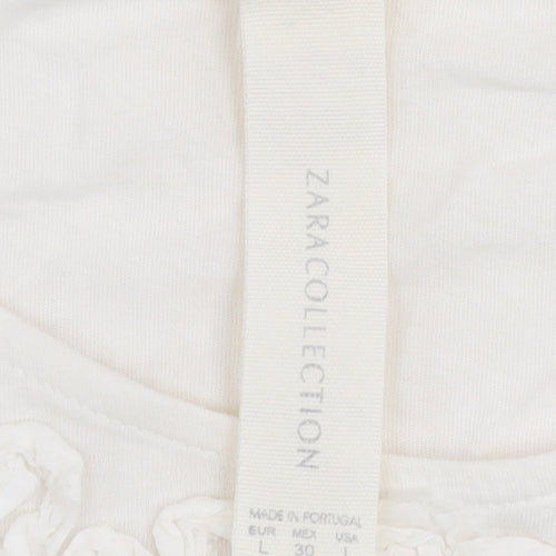 Zara Women Ivory Ruffle Textured Short Sleeve Cotton T-Shirt L