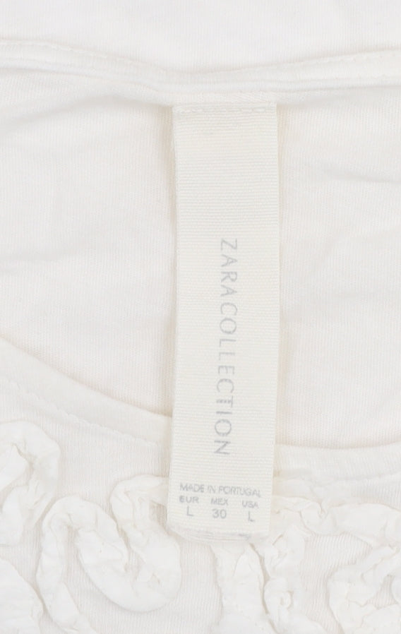 Zara Women Ivory Ruffle Textured Short Sleeve Cotton T-Shirt L