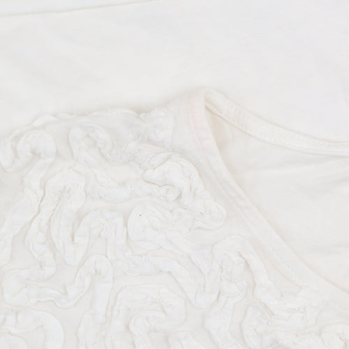 Zara Women Ivory Ruffle Textured Short Sleeve Cotton T-Shirt L