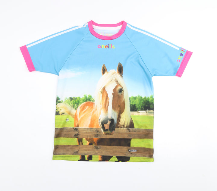 O’Neills Girls Blue Horse Print Polyester T-Shirt Age 11-12 Short Sleeve