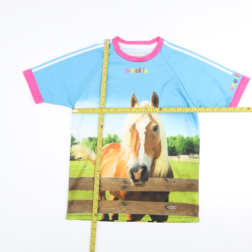 O’Neills Girls Blue Horse Print Polyester T-Shirt Age 11-12 Short Sleeve