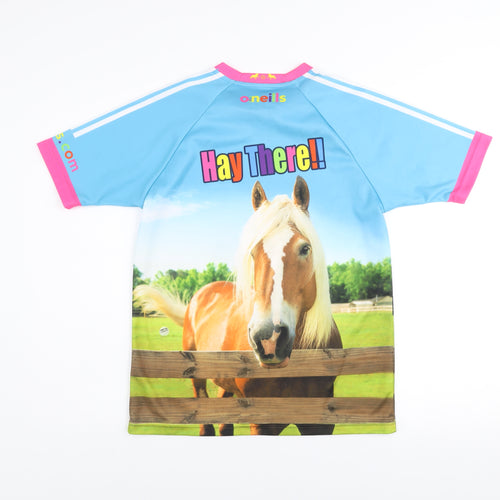 O’Neills Girls Blue Horse Print Polyester T-Shirt Age 11-12 Short Sleeve