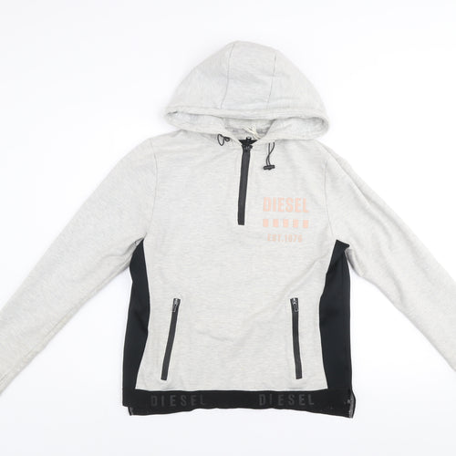 Diesel Women Grey Hoodie Large 1/4 Zip Lined Cotton Blend Hooded Sweatshirt