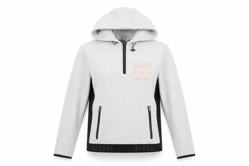 Diesel Women Grey Hoodie Large 1/4 Zip Lined Cotton Blend Hooded Sweatshirt