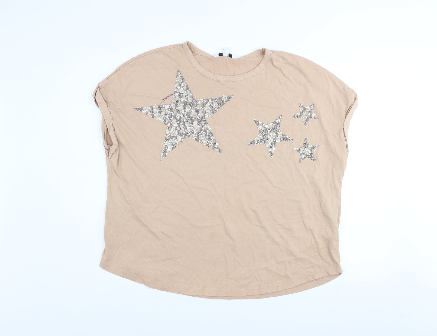 Next Womens Beige Sequin Star Cotton T-Shirt UK 18