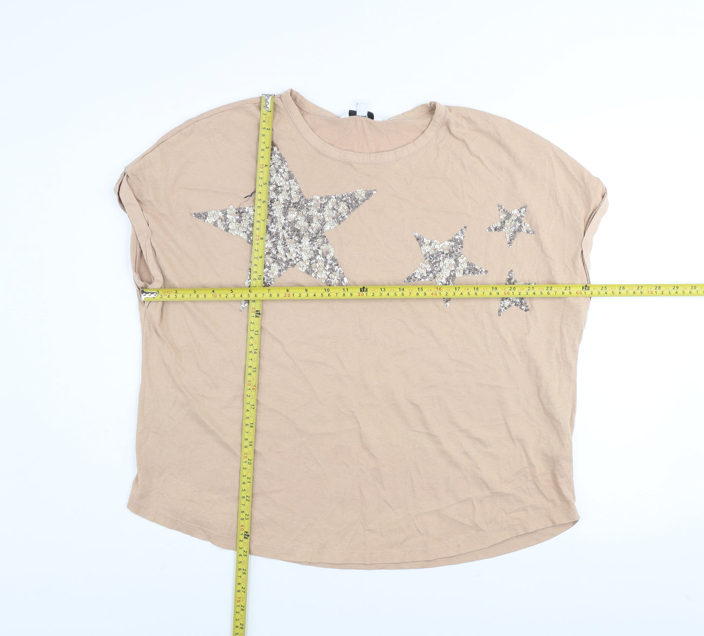 Next Womens Beige Sequin Star Cotton T-Shirt UK 18