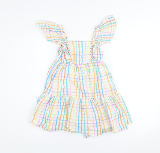 Marks and Spencer Girls Multicoloured 6-7 Years Cotton Check Skater Dress