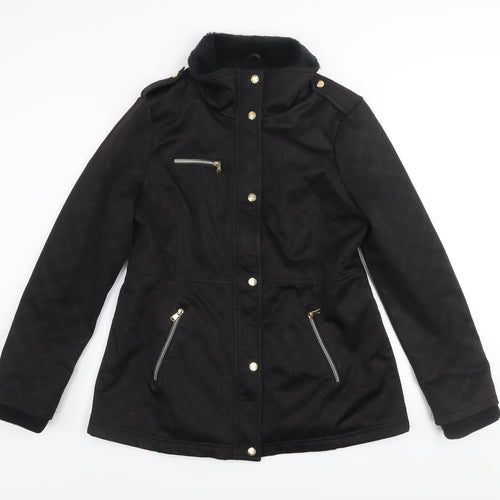 Jessica Simpson Womens Black L Parka Jacket with Fur Trim & Gold Zips