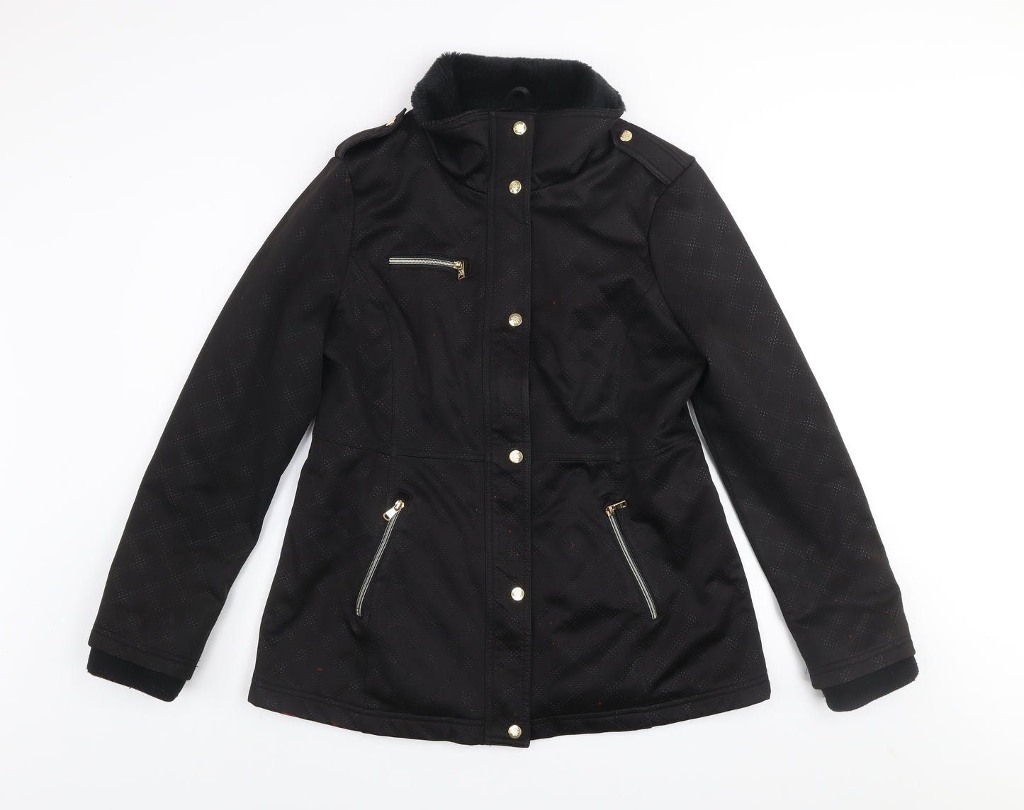 Jessica Simpson Womens Black L Parka Jacket with Fur Trim & Gold Zips