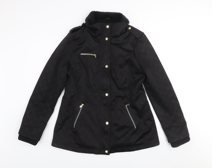 Jessica Simpson Womens Black L Parka Jacket with Fur Trim & Gold Zips