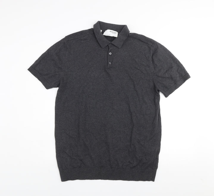 Selected Homme Men's Grey Cotton Polo Shirt XL Short Sleeve Casual Top