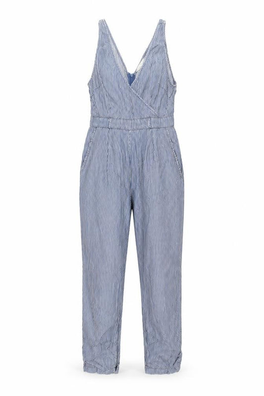 Front view of French Connection Women Blue Striped 100% Lyocell Jumpsuit UK 10