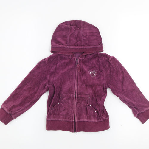 Dunnes Girls Purple Velour Full Zip Hoodie Age 4 Years Rhinestone Heart